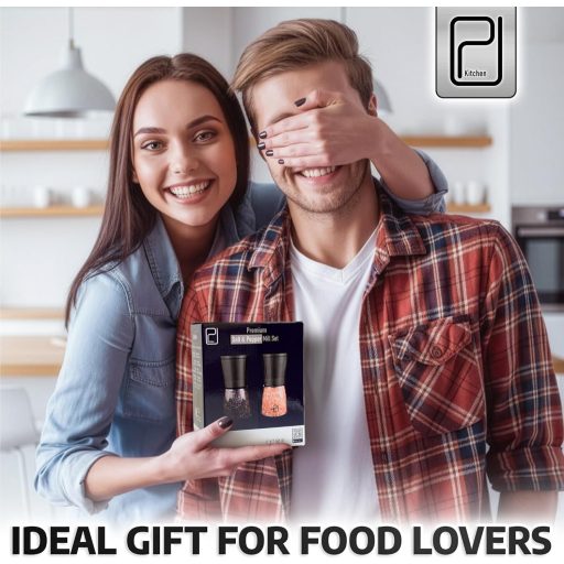 PJCKitchen Fekete Rozsdamentes Fűszermalom Bambusz Állvánnyal - Só és Bors Őrlő Szett