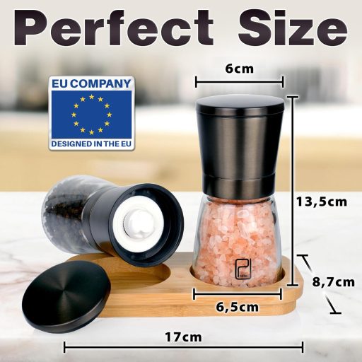 PJCKitchen Fekete Rozsdamentes Fűszermalom Bambusz Állvánnyal - Só és Bors Őrlő Szett