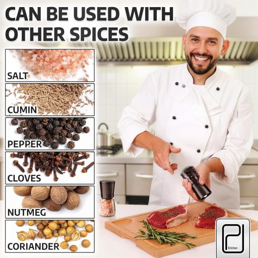 Râșnițe de condimente PJCKitchen, negre, din inox, cu suport de bambus - Set râșniță sare și piper