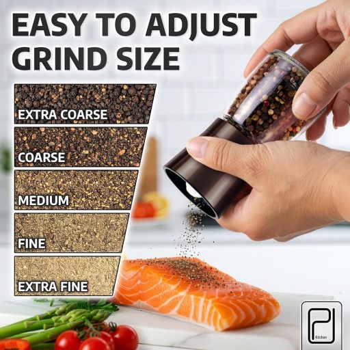 Râșnițe de condimente PJCKitchen, negre, din inox, cu suport de bambus - Set râșniță sare și piper