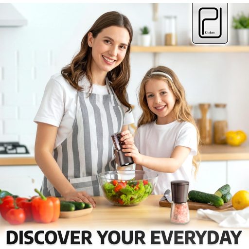 Râșnițe de condimente PJCKitchen, negre, din inox, cu suport de bambus - Set râșniță sare și piper