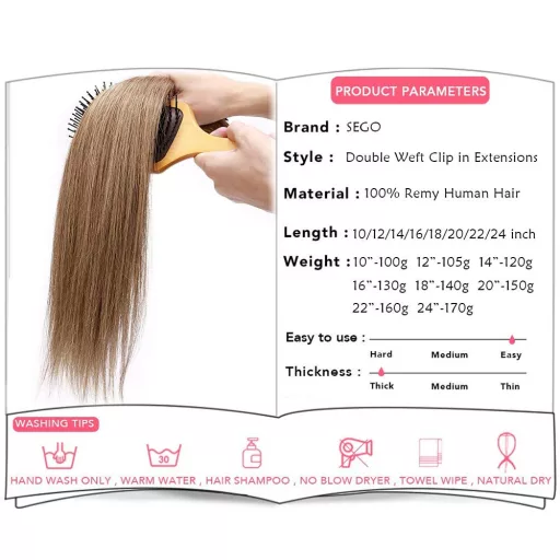 SEGO Clip-In Valódi Hajhosszabbítás 8 Darab Remy Haj Világosbarna #6 61cm 170g