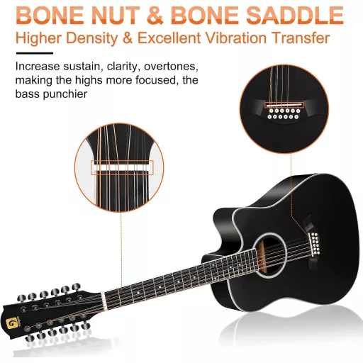 Chitară western Vangoa cu 12 corzi, 41", cu doze, EQ, electro-acustică, neagră.