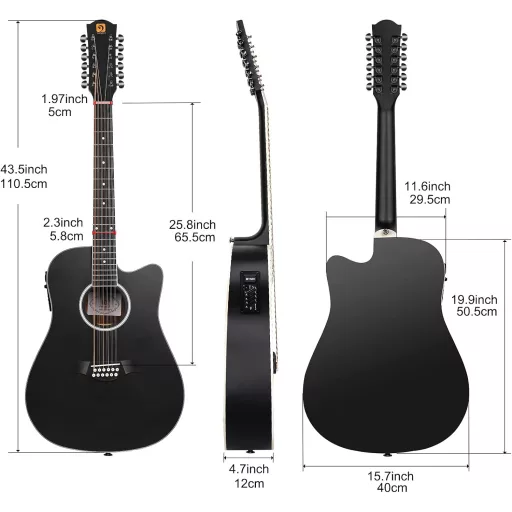 Chitară western Vangoa cu 12 corzi, 41", cu doze, EQ, electro-acustică, neagră.