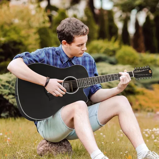 Chitară western Vangoa cu 12 corzi, 41", cu doze, EQ, electro-acustică, neagră.