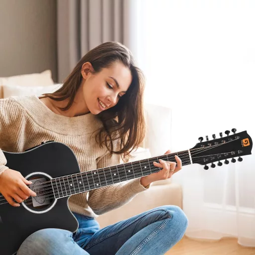 Chitară western Vangoa cu 12 corzi, 41", cu doze, EQ, electro-acustică, neagră.