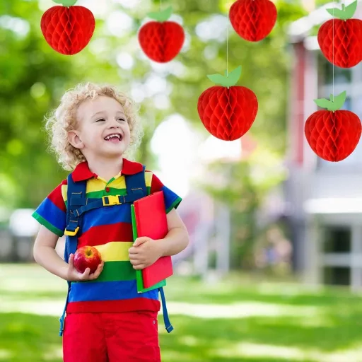 FEPITO 10 kom 18 cm Ukrasi od papira u obliku jabuke, crveni uzorak saća, za početak školske godine, proslavu rođenja djeteta
