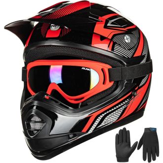   ILM Gyermek Motocross Sisak ATV Goggles Sportkesztyűvel ECE L Méret Piros Ezüst
