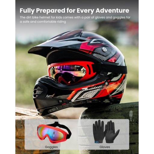 ILM Gyermek Motocross Sisak ATV Goggles Sportkesztyűvel ECE L Méret Piros Ezüst