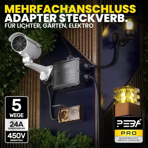 Cutie de joncțiune PEBA IP68, impermeabilă, cu 5 intrări - Distribuitor electric exterior în carcasă de plastic neagră, pentru iluminat de grădină și exterior, -40°C - 105°C