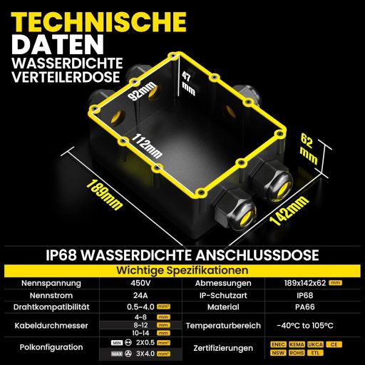 Cutie de joncțiune PEBA IP68, impermeabilă, cu 5 intrări - Distribuitor electric exterior în carcasă de plastic neagră, pentru iluminat de grădină și exterior, -40°C - 105°C