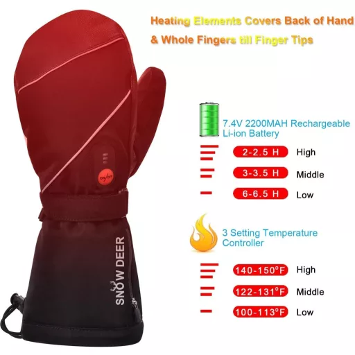 Mănuși de schi încălzite SNOW DEER 7.4V 2200mAh, electrice, reîncărcabile, negre, S