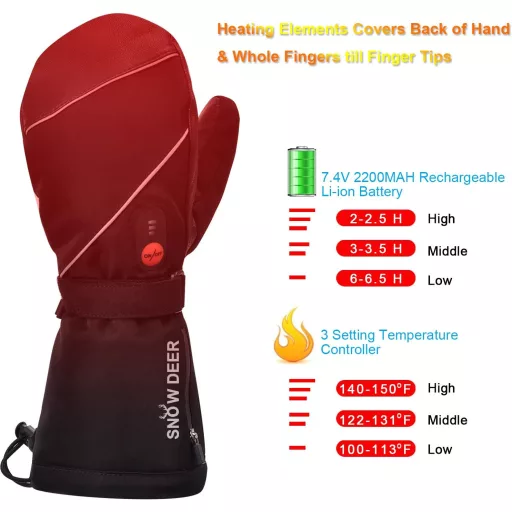 SNOW DEER Fűthető Sí Kesztyű 7.4V 2200mAh Elektromos Töltödhető Fekete M