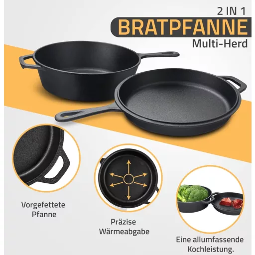 KICHLY Előkezelt Öntöttvas 2 az 1-ben Kombi Edénykészlet - 3,2 Literes Holland Sütő és 26 cm-es Serpenyő, Fekete, Tapadásmentes