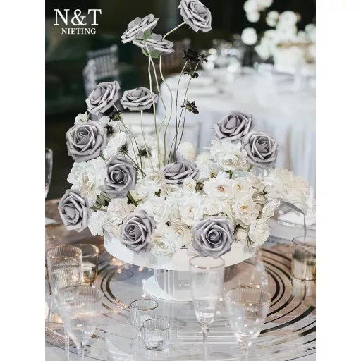 N&T NIETING Trandafiri de Habă Argintii - 25 Bucăți Flori Artificiale cu Tulpini pentru Buchete de Nuntă, Decorațiuni, Petreceri, 23 cm Înălțime