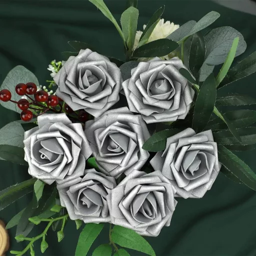 N&T NIETING Trandafiri de Habă Argintii - 25 Bucăți Flori Artificiale cu Tulpini pentru Buchete de Nuntă, Decorațiuni, Petreceri, 23 cm Înălțime