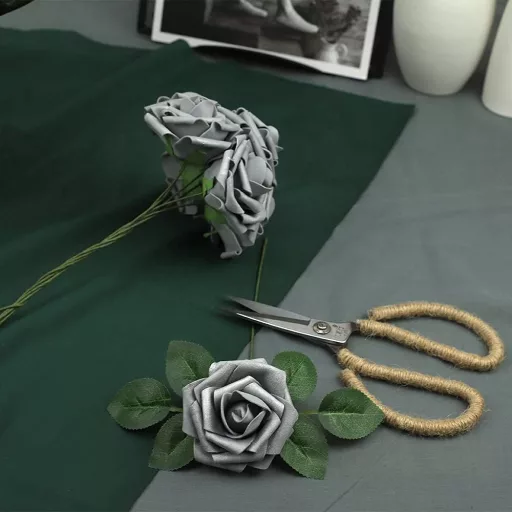 N&T NIETING Trandafiri de Habă Argintii - 25 Bucăți Flori Artificiale cu Tulpini pentru Buchete de Nuntă, Decorațiuni, Petreceri, 23 cm Înălțime