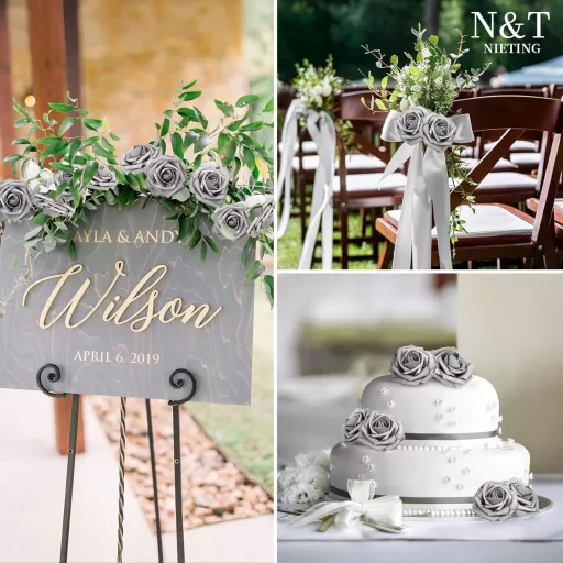 N&T NIETING Trandafiri de Habă Argintii - 25 Bucăți Flori Artificiale cu Tulpini pentru Buchete de Nuntă, Decorațiuni, Petreceri, 23 cm Înălțime