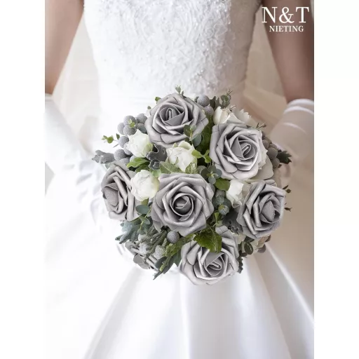 N&T NIETING Trandafiri de Habă Argintii - 25 Bucăți Flori Artificiale cu Tulpini pentru Buchete de Nuntă, Decorațiuni, Petreceri, 23 cm Înălțime