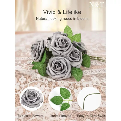 N&T NIETING Trandafiri de Habă Argintii - 25 Bucăți Flori Artificiale cu Tulpini pentru Buchete de Nuntă, Decorațiuni, Petreceri, 23 cm Înălțime