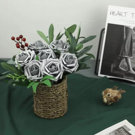 N&T NIETING Trandafiri de Habă Argintii - 25 Bucăți Flori Artificiale cu Tulpini pentru Buchete de Nuntă, Decorațiuni, Petreceri, 23 cm Înălțime