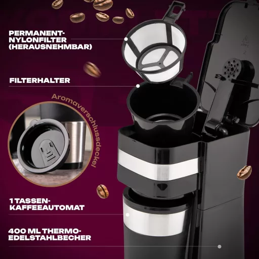 Cafetieră pentru o singură ceașcă Clatronic KA 3733 cu cană din oțel inoxidabil și capac pentru aromă