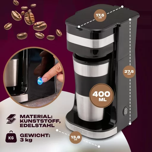 Cafetieră pentru o singură ceașcă Clatronic KA 3733 cu cană din oțel inoxidabil și capac pentru aromă