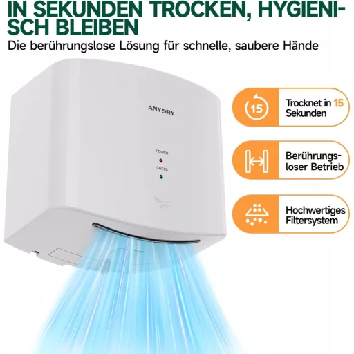 anydry 2630S Kompaktni Sušač za Ruke, Automatski Električni Sušač za Zid Bijeli
