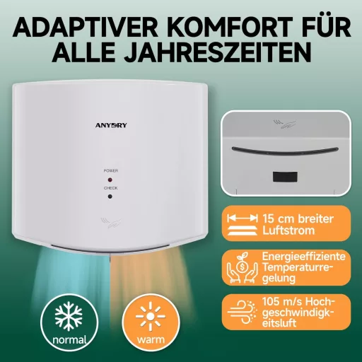 anydry 2630S Kompaktni Sušač za Ruke, Automatski Električni Sušač za Zid Bijeli