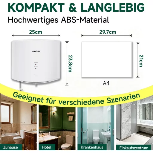 anydry 2630S Kompakt Kézszárító, Automata Falra Szerelhető Elektromos Szárító Fehér