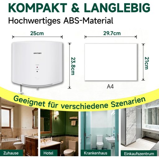 anydry 2630S Kompakt Kézszárító, Automata Falra Szerelhető Elektromos Szárító Fehér