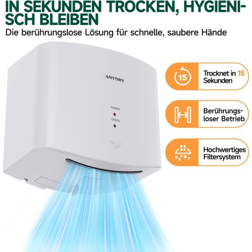 anydry 2630S Kompakt Kézszárító, Automata Falra Szerelhető Elektromos Szárító Fehér