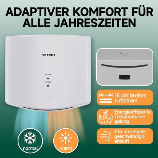 anydry 2630S Kompakt Kézszárító, Automata Falra Szerelhető Elektromos Szárító Fehér