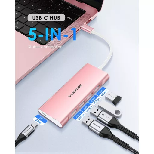 LENTION USB C Hub so 4 portami USB 3.0, prenos dát 5 Gbps, 60W nabíjanie – hliníkový adaptér kompatibilný s MacBook Pro/Air, Surface, Chromebook, ružový.