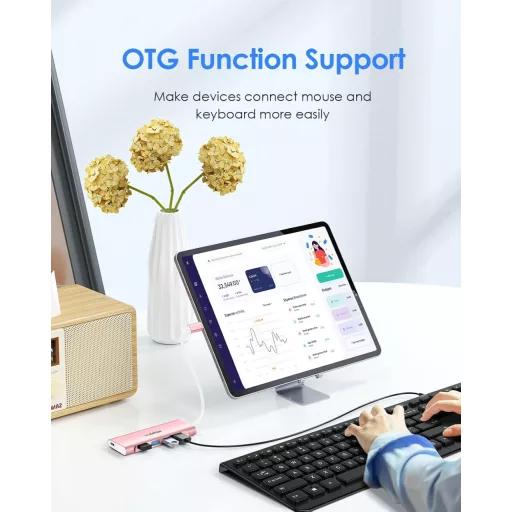 LENTION USB C Hub so 4 portami USB 3.0, prenos dát 5 Gbps, 60W nabíjanie – hliníkový adaptér kompatibilný s MacBook Pro/Air, Surface, Chromebook, ružový.