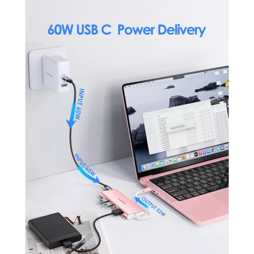 LENTION USB C Hub so 4 portami USB 3.0, prenos dát 5 Gbps, 60W nabíjanie – hliníkový adaptér kompatibilný s MacBook Pro/Air, Surface, Chromebook, ružový.