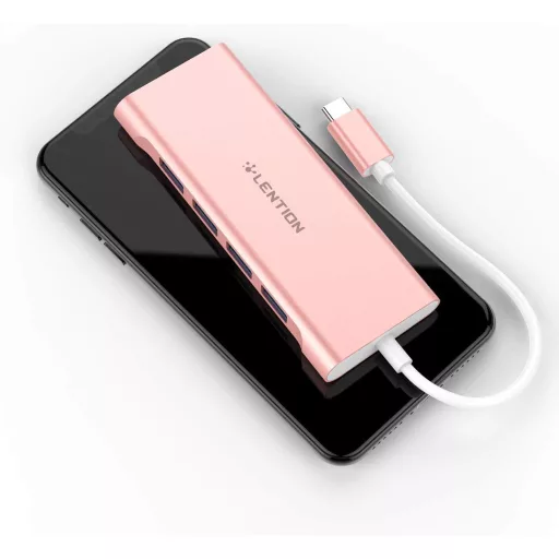 LENTION USB C Hub so 4 portami USB 3.0, prenos dát 5 Gbps, 60W nabíjanie – hliníkový adaptér kompatibilný s MacBook Pro/Air, Surface, Chromebook, ružový.