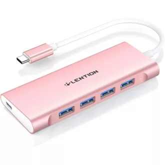   LENTION USB C Hub so 4 portami USB 3.0, prenos dát 5 Gbps, 60W nabíjanie – hliníkový adaptér kompatibilný s MacBook Pro/Air, Surface, Chromebook, ružový.