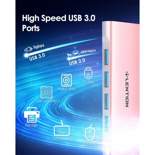 LENTION USB C Hub so 4 portami USB 3.0, prenos dát 5 Gbps, 60W nabíjanie – hliníkový adaptér kompatibilný s MacBook Pro/Air, Surface, Chromebook, ružový.