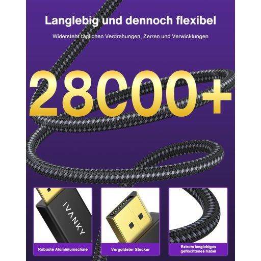 IVANKY DisplayPort 1.4 Kábel 2m, 8K 60Hz, 4K 165Hz, Gaming Monitor Kábel