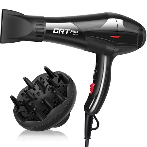 GRT PRO Uscător de păr profesional 3500W - Tehnologie ionică cu lumină albastră, 2 viteze, 3 trepte de căldură, cu difuzor și concentratoare, calitate de salon