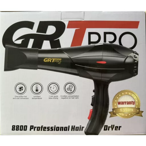 GRT PRO Profesionálny sušič vlasov 3500W - Iónová technológia s modrým svetlom, 2 rýchlosti, 3 teplotné stupne, s difúzorom a koncentrátormi, kvalita ako zo salónu