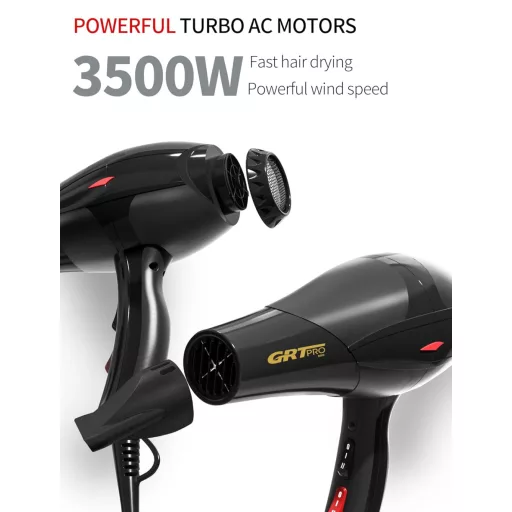 GRT PRO Uscător de păr profesional 3500W - Tehnologie ionică cu lumină albastră, 2 viteze, 3 trepte de căldură, cu difuzor și concentratoare, calitate de salon