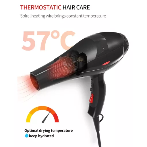 GRT PRO Uscător de păr profesional 3500W - Tehnologie ionică cu lumină albastră, 2 viteze, 3 trepte de căldură, cu difuzor și concentratoare, calitate de salon