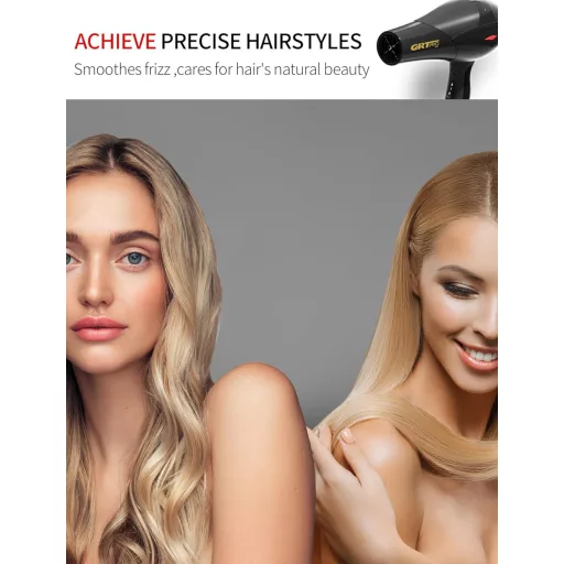 GRT PRO Uscător de păr profesional 3500W - Tehnologie ionică cu lumină albastră, 2 viteze, 3 trepte de căldură, cu difuzor și concentratoare, calitate de salon