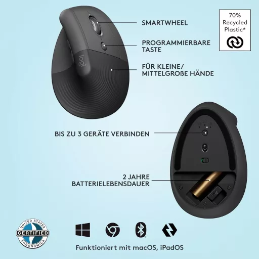 Logitech Lift ergonomikus függőleges egér, vezeték nélküli, szürke