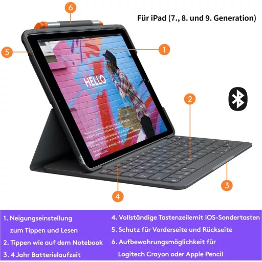 Logitech SLIM FOLIO iPad 7. generáció Bluetooth billentyűzet tok német QWERTY grafit