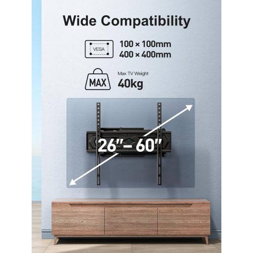 PERLESMITH TV fali tartó 26-60 colos tévéhez, forgatható és nyújtható konzol, max 40 kg