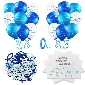   Modro-biela súprava kresťanských sviatočných servítok a balónov