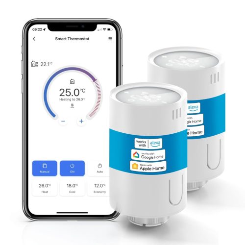 Meross Termostat Inteligent pentru Radiator, Set de 2 – Hub Necesar, Control Wi-Fi al Încălzirii, Compatibil HomeKit, Alexa, Google Assistant, Control Vocal